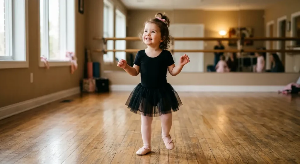 Toddler girl in ballet leotard at her first dance class in Scarborough Toronto