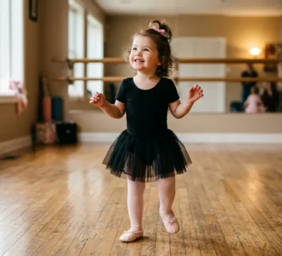 Toddler girl in ballet leotard at her first dance class in Scarborough Toronto