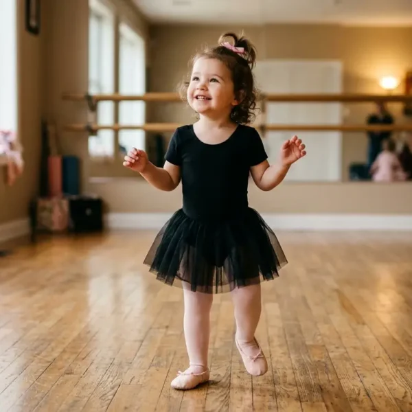 Toddler girl in ballet leotard at her first dance class in Scarborough Toronto